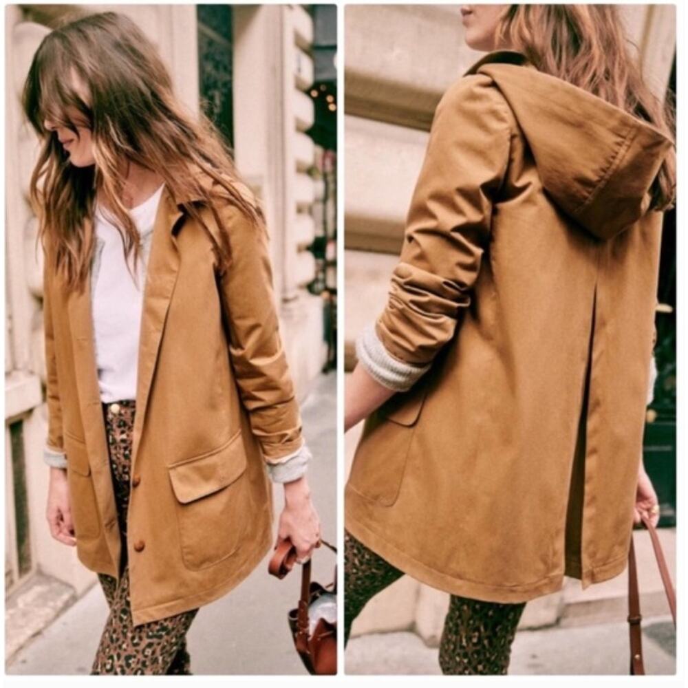 SEZANE Alfred Coat Jacket Hooded Button Up Camel Tan